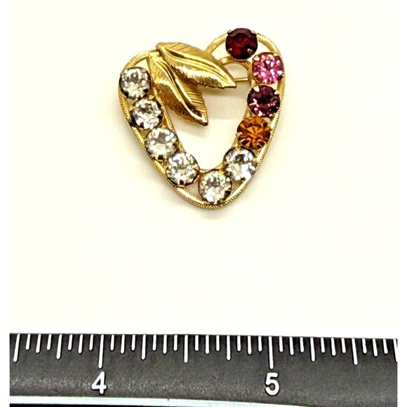 VTG Carla Signed 12K Gold Filled Multi‑Color Rhinestone Heart Brooch - Picture 3 of 6